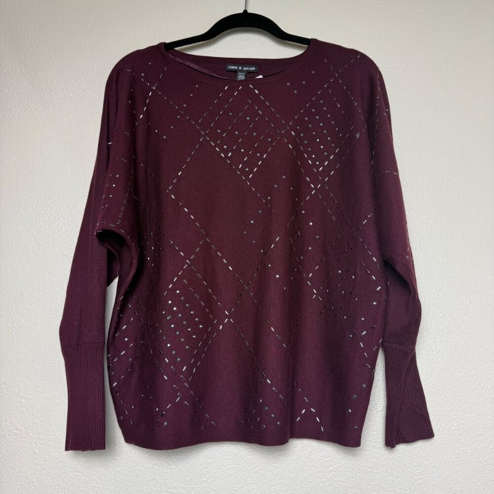 NWT Cable & Gage Burgundy Diamond Studded Dolman Sleeve Knit Sweater Size M